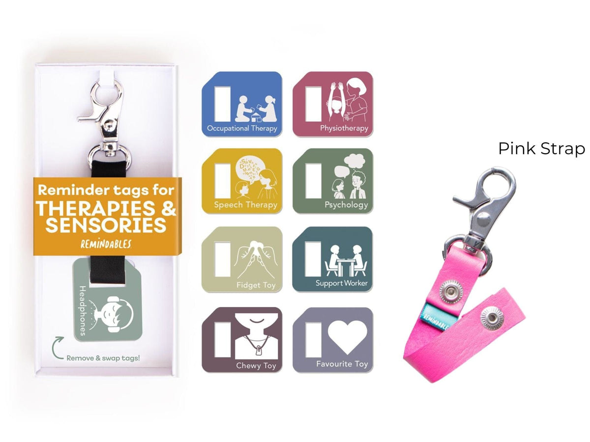Remindables Accessories Adults Set with Pink Strap Remindables Bag Tags - Therapies Set (9 Tags)